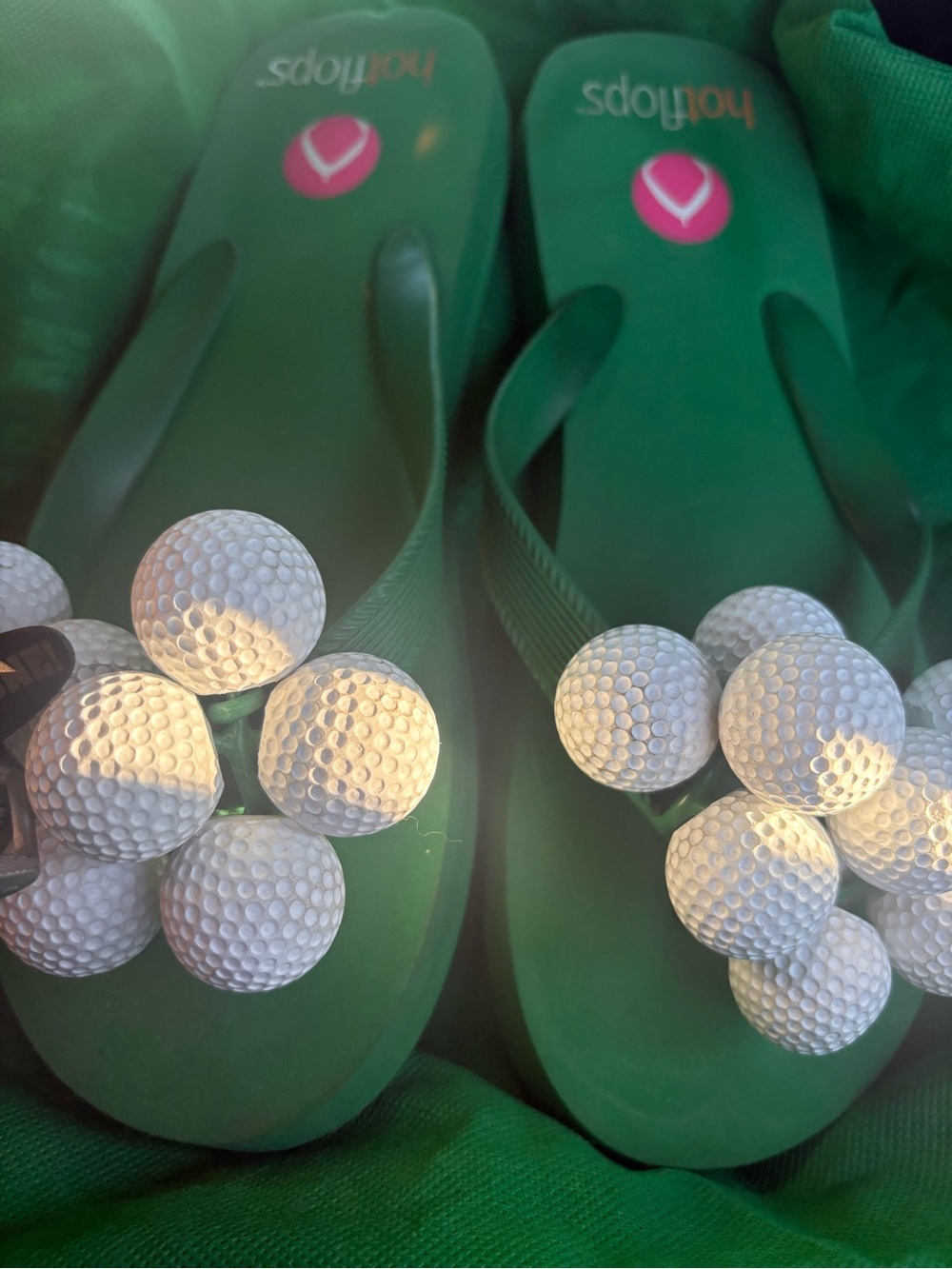 Hot flops  Green Flip Flops with White Flower Embellishments golf balls